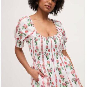 Hill House Naia Red Shell Vine Stripe Nap Dress L Puff Sleeves Lined Cotton